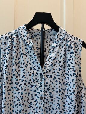 CAbi Sleeveless V-Neck Midi Dress in White with Blue and Black Spot Print